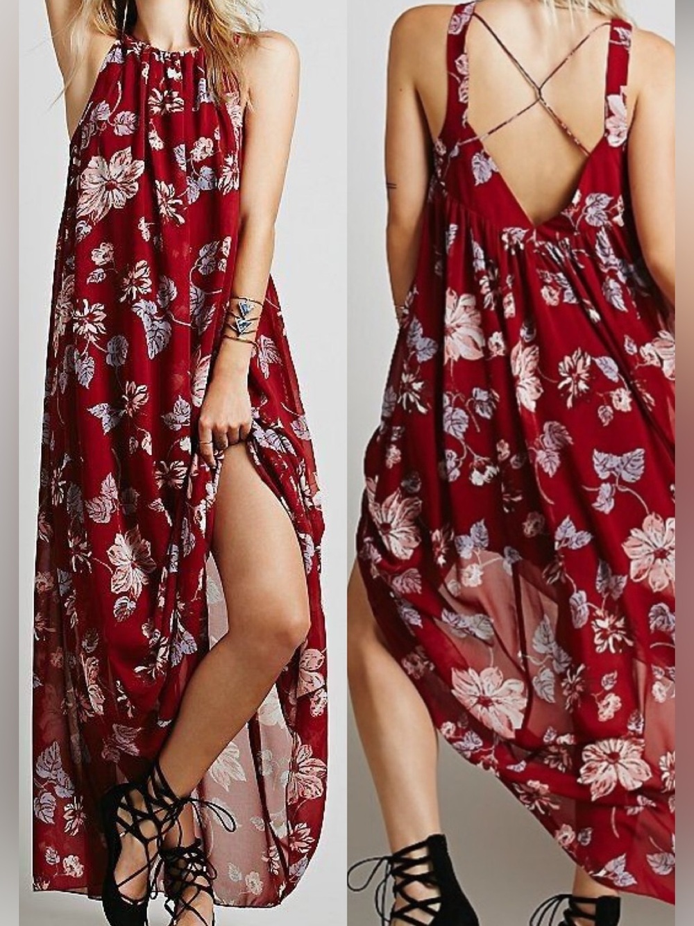 Free People Float Like a Sunbeam Floral Maxi Dress Red Sleeveless Beachy Small
